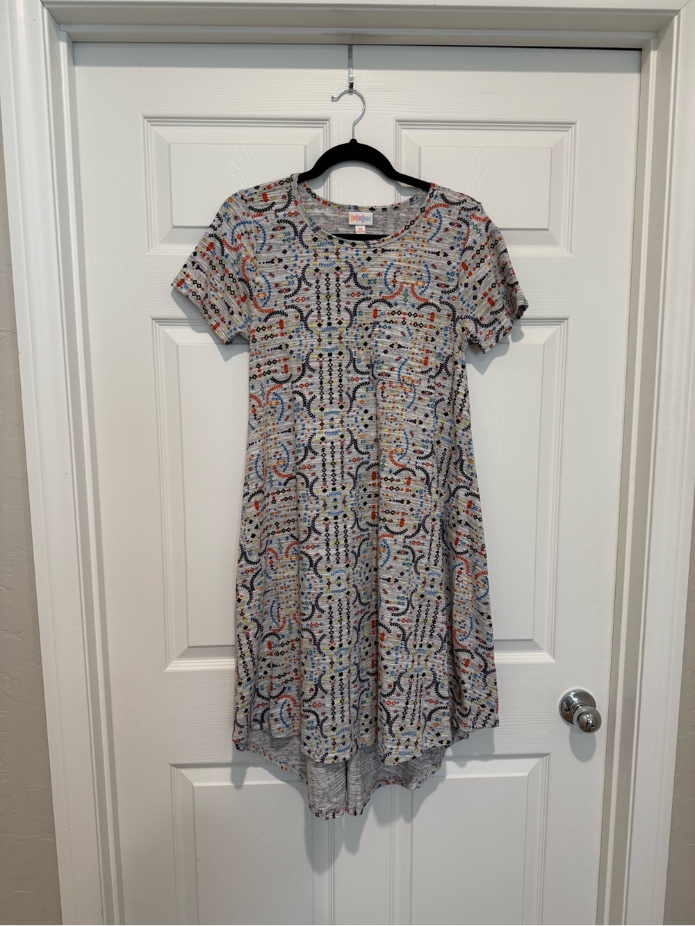 LuLaRoe Carly Gray Patterned Short Sleeve Women's Dress - Multicolor Print